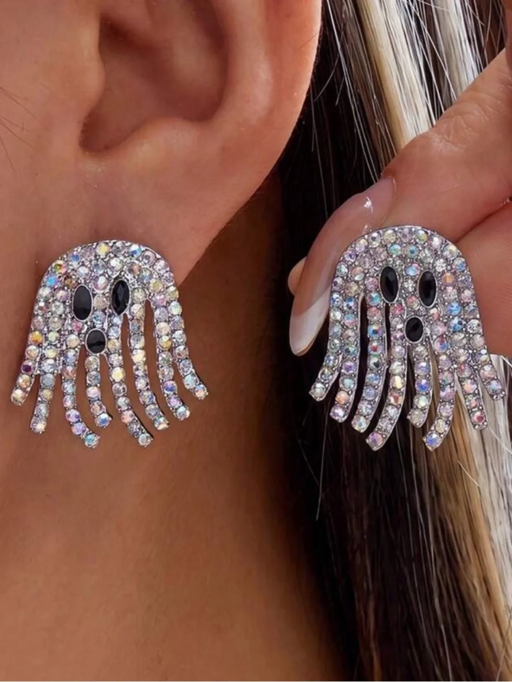 Iridescent Crystal Ghost Stud Earrings - Sparkling Pink Silver Tone
